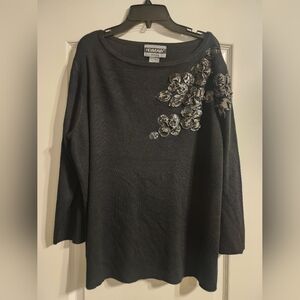 NOUVEAUX Women's Black Sweater with Flower Embellishment on Left Shoulder | 1X